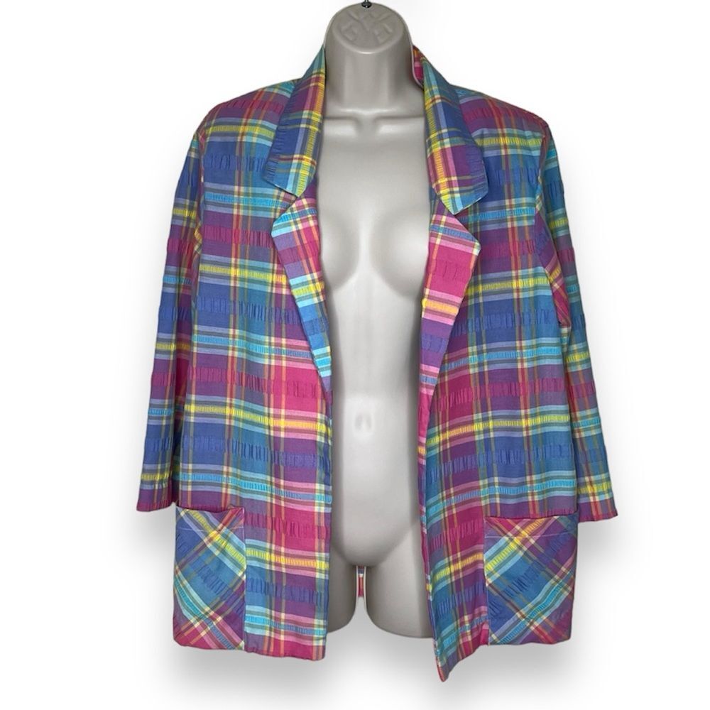 Vintage Bye 1 Madras Plaid Seersucker Open Front Jacket Women 12 Unlined Pockets